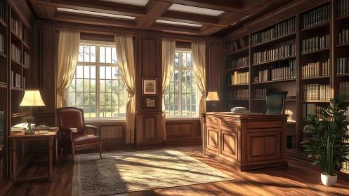 Traditional wood-paneled private study with bookshelves and desk.