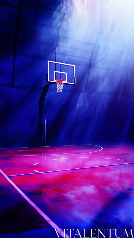 Neon twilight hoops court glowing under spectral spotlight.