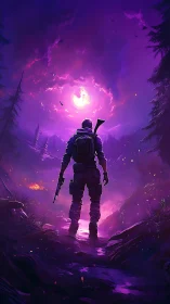 Neon forest operative under vortex-lit apocalyptic sky.