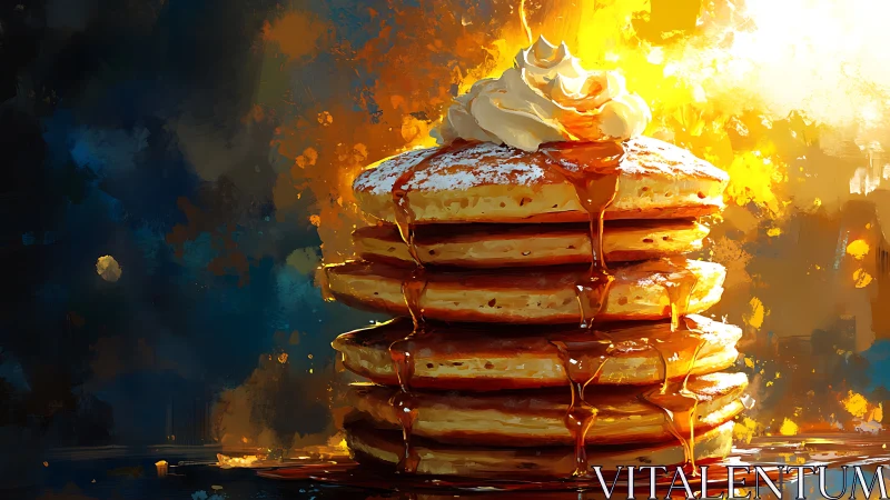 Stack of Pancakes with Syrup and Whipped Cream Artwork.