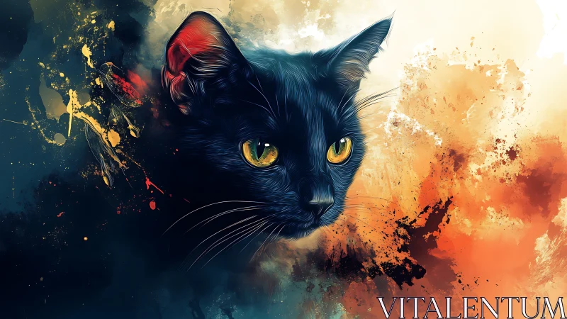 Black cat with golden eyes rendered in watercolor and digital art.