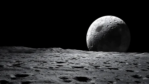 Lunar foreground shows cratered terrain with distant crescent globe