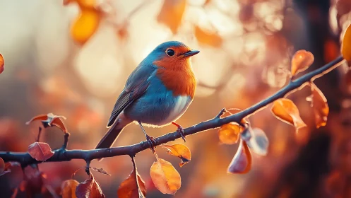 Vibrant Robin on Autumn Branch in Warm, Soft-Focus Photography.