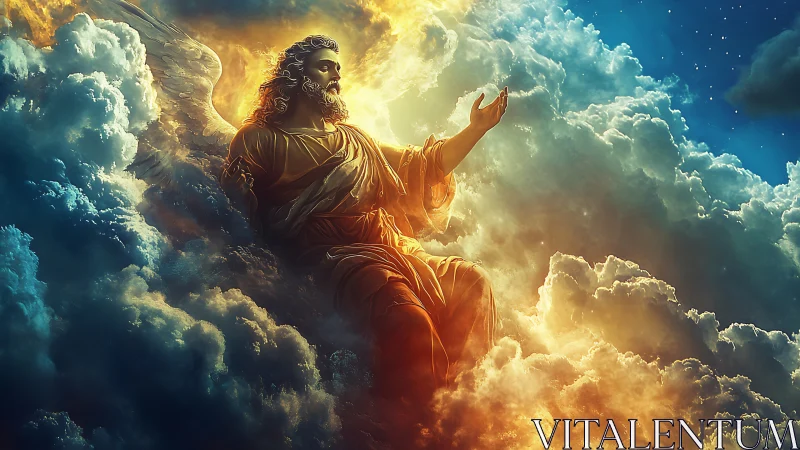 Celestial angel ascends through glowing clouds and starlit sky