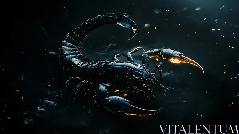 Dark metallic scorpion model with illuminated claws in motion.