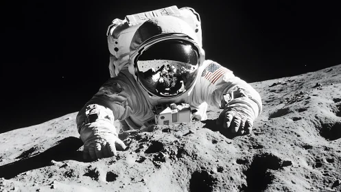 Apollo-era astronaut prone on regolith under hard vacuum lighting