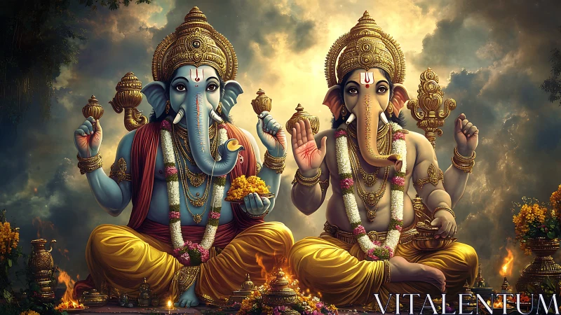 Twin Ganesha deities in ornate golden ceremonial setting.