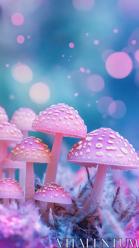 Pink bioluminescent mushrooms in soft bokeh forest scene.
