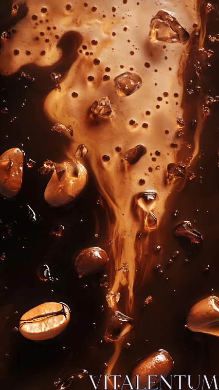 Rich iced coffee swirl with scattered beans in motion.