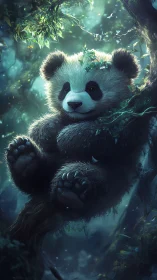Soft-lit baby panda rendered with dense fur shaders in forest canopy