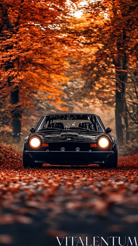 Classic black coupe on autumn forest road at dusk.