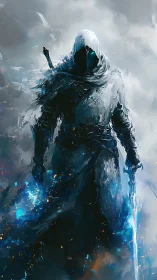 Hooded frost mage strides forward amid volatile blue energy