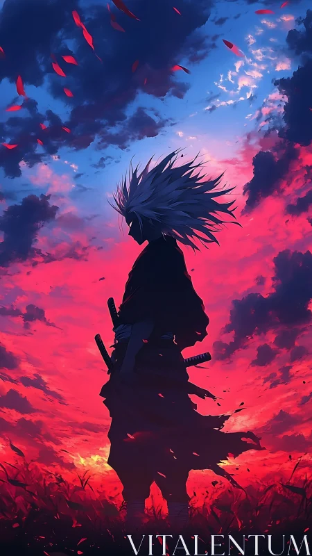 Anime samurai silhouette under bifurcated crimson sky at dusk.