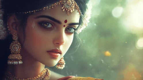Digital portrait of woman in ornate Indian jewelry.