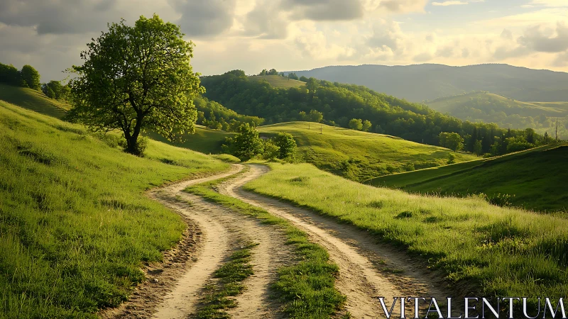 Sunlit dirt track winding through verdant hillscape at dusk.