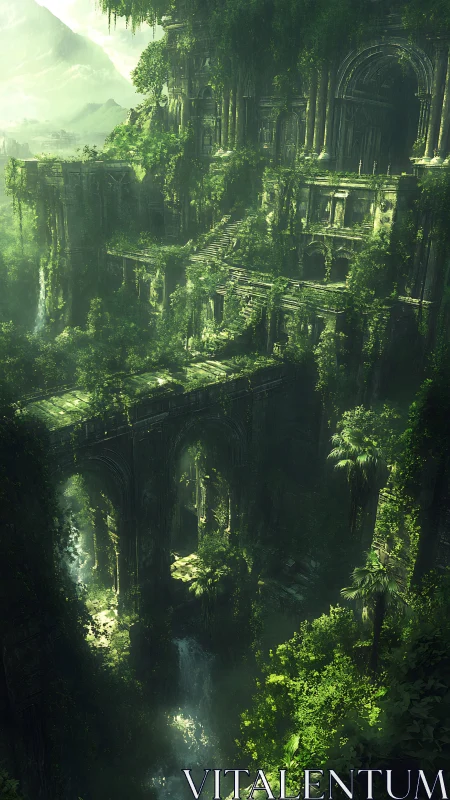 Vertiginous jungle megastructure of cascading stone tiers.