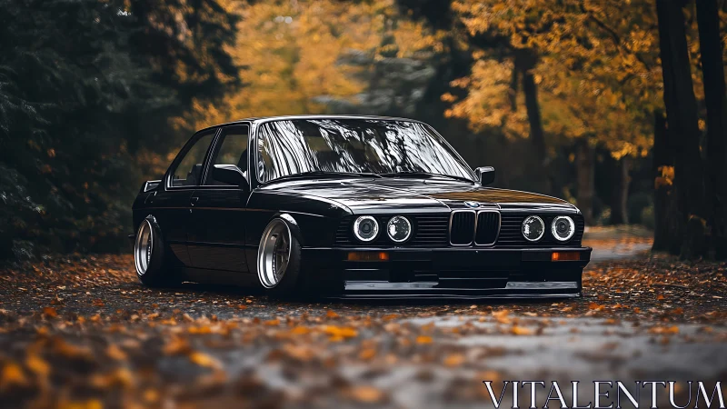 Low-slung classic sedan with stance geometry in autumn light.