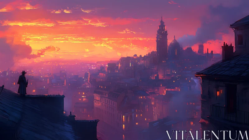 Rooftop silhouette above twilight steampunk cityscape.