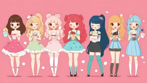 Kawaii pastel girls aligned with desserts on pink backdrop.