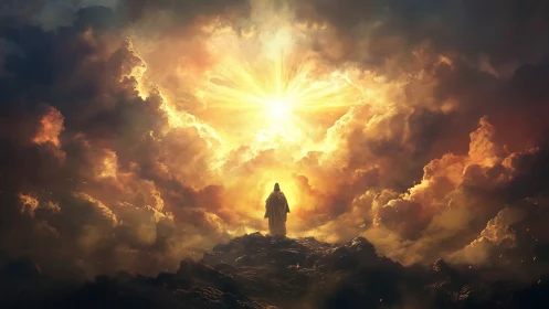 Figure on rocky ridge under radiant cloud opening and light.