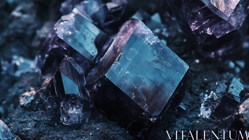 Macro view of blue violet crystal cluster in dark matrix.