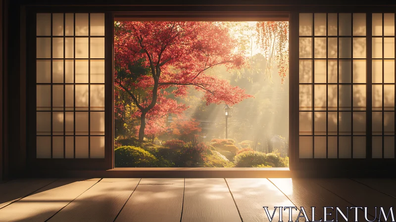 Sunlit shoji framing a ruby maple’s quiet morning glow.