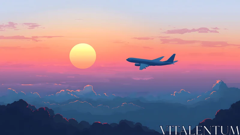 Jetliner silhouette crossing luminous pastel sunset sky.