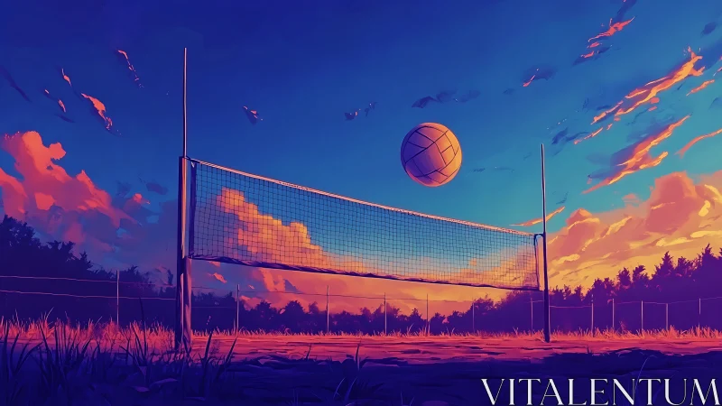 Sunset volleyball court under vivid painted sky.