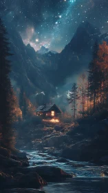 Starlit mountain cabin above glowing river at night.