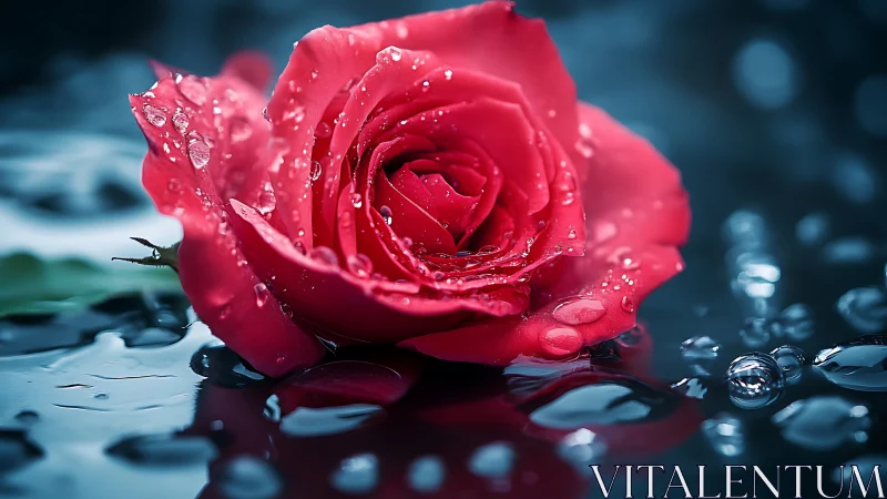 Crimson Rose with Dew Drops Against Blue Night.