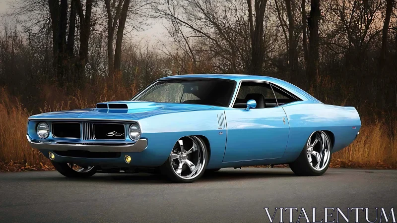 Light blue classic muscle car on rural roadside at dusk.