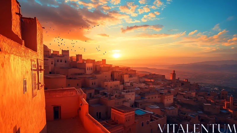 Sunset drapes terracotta rooftops in a glowing desert hush
