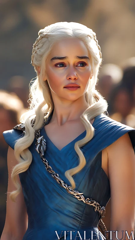 Blonde fantasy woman in blue armor style dress outdoors.