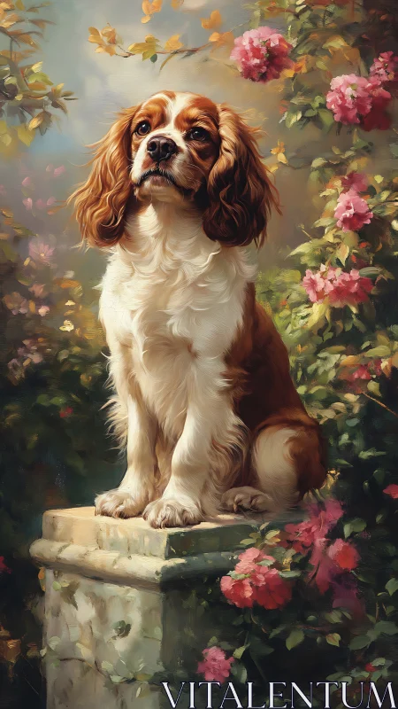 Spaniel-type dog on stone pedestal amid flowering shrubs.