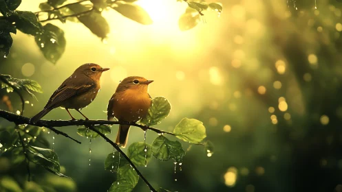 Two Songbirds on a Rainy Branch in Golden Morning Light.