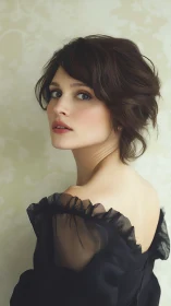 Elegant woman in black dress glances over shoulder softly