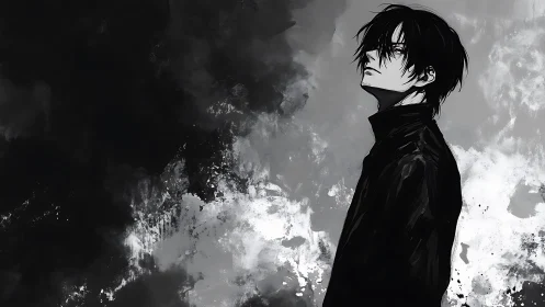 Solitary dark haired figure stands amid abstract monochrome storm