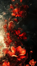 Crimson floral vortex on distressed dark abstract background