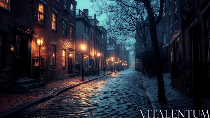 Foggy cobblestone street glows under warm vintage lamplight.