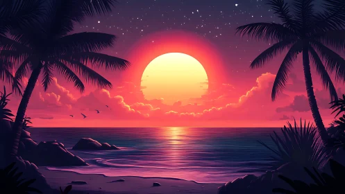 Electric tropic sunset ignites a dream-bright island horizon.