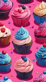 Vibrant Cupcake Illustration with Layered Frosting and Scattered Berry Toppings