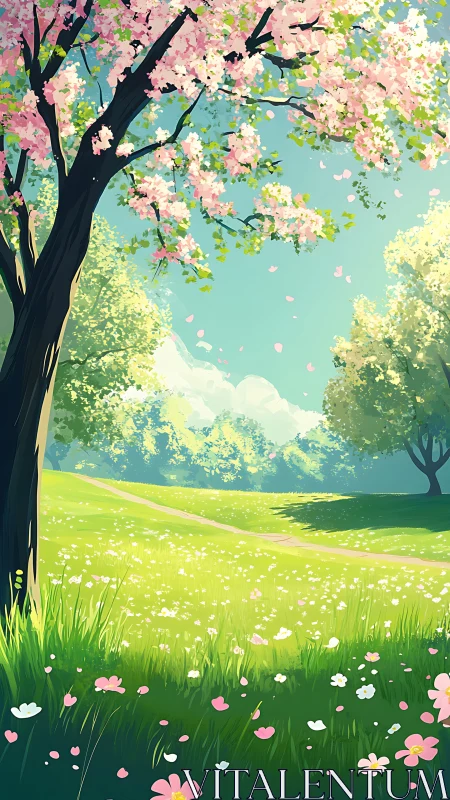 Spring meadow under cherry blossoms in warm sunlight.