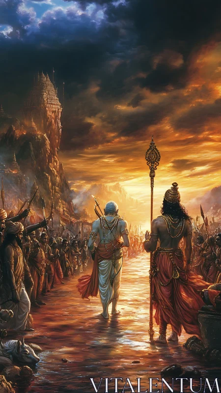 Epic mythological procession under stormlit temple skies.