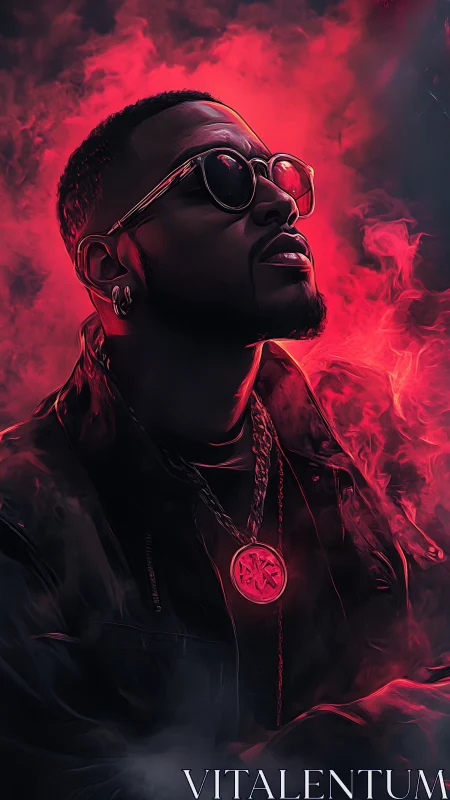 Neon red backlit portrait of man in leather jacket and smoke