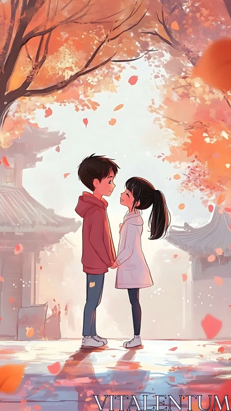 Autumn courtyard confession under floating ember leaves.