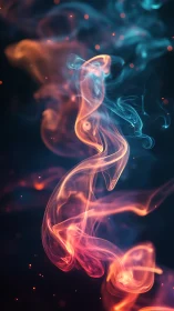 Colorful swirling smoke plumes on dark abstract background.