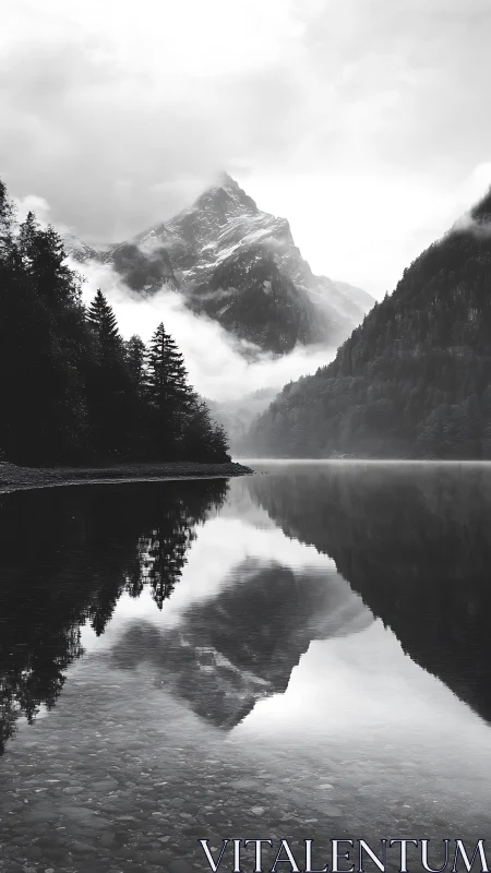Misty mountain peak reflects in calm monochrome lake waters.