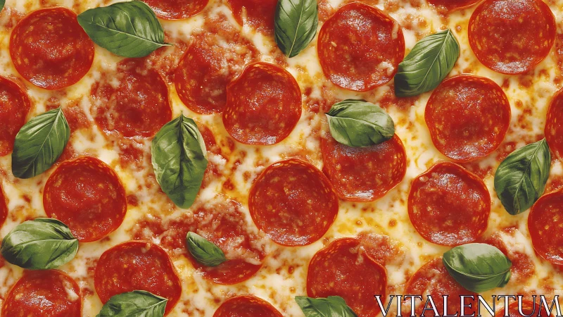 High-resolution overhead view shows pepperoni pizza with basil leaves