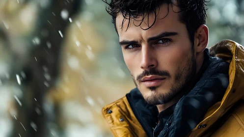 Brooding man in yellow parka under soft falling snow.