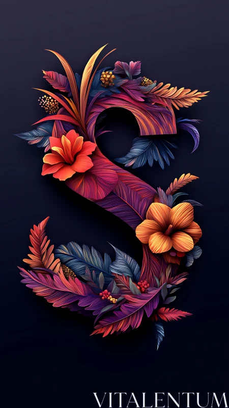 Letter S formed by layered tropical flowers and leaves